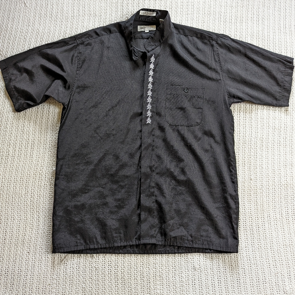 VTG Montello Shirt Men's Medium Black White Embroidered Band Collar Short Sleeve